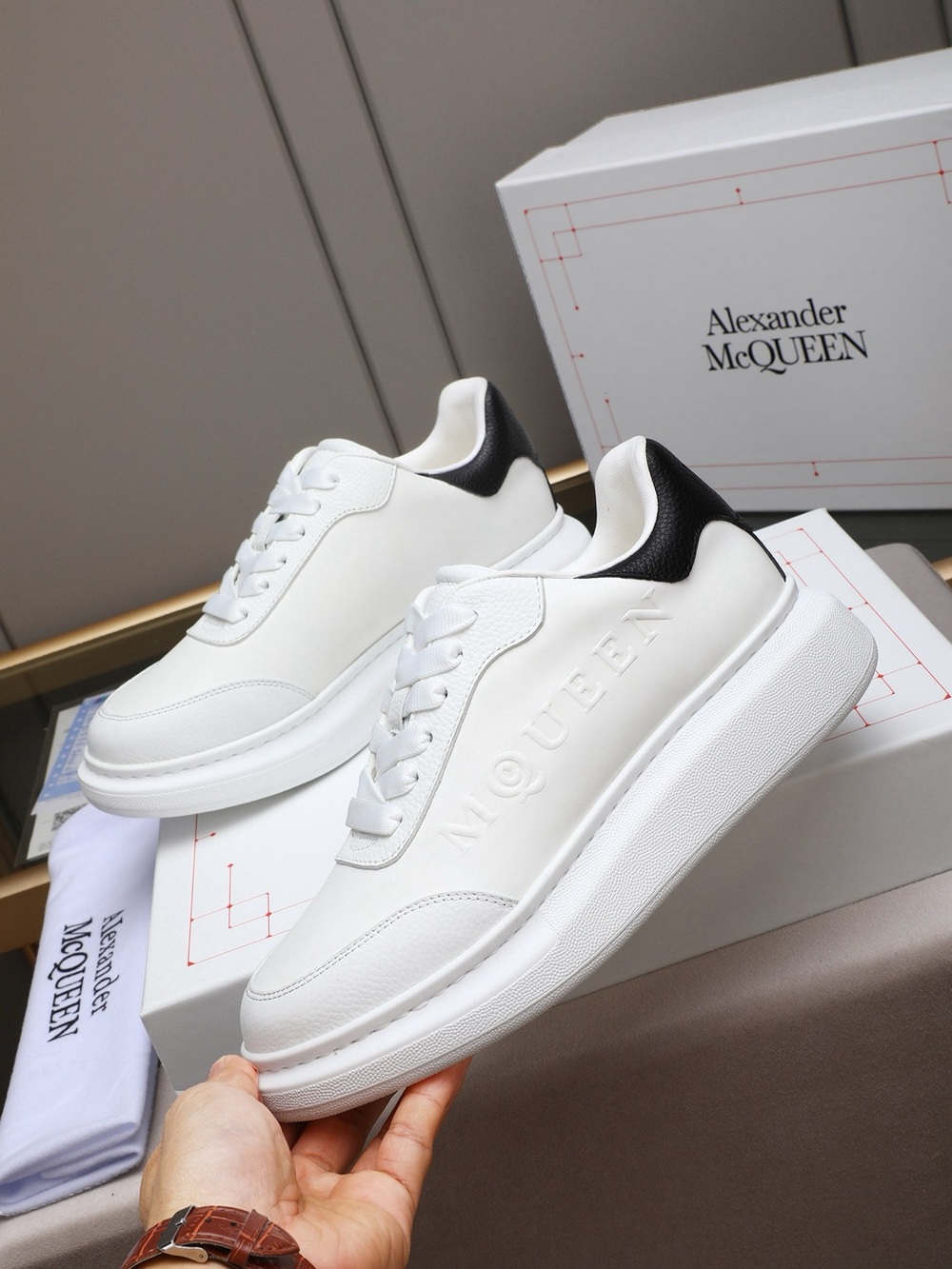 Alexander McQueen White Leather Platform Sneakers with Black Heel Tab